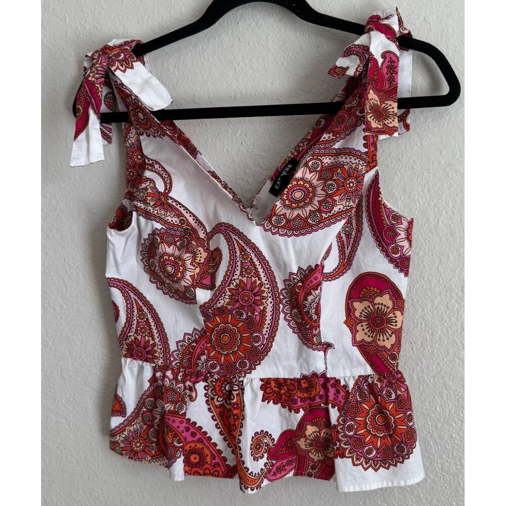 Express Women's XS Paisley Print Peplum Top Pink Orange Tie Shoulder Sleeveless